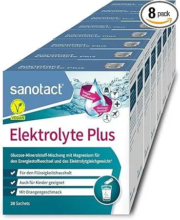 sanotact Elektrolyte Plus (160 Beutel) - Veganes Elektrolyt Pulver für optimale Hydration - Sportnahrung Elektrolyt-Ersatz-Getränke mit Kalium & Magnesium für ein ausgeglichenes Elektrolytgleichgewicht und leckeren Orangengeschmack. Ideal zur schnellen Flüssigkeitsversorgung beim Sport und nach Dehydration.