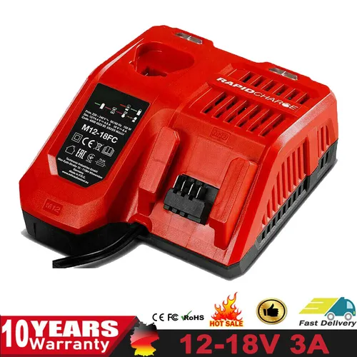 Milwaukee M12-18 FC Ladegerät für M12 und M18 Akkus - Elektrowerkzeug-Akkus, leistungsstarkes Ladegerät mit 10 Jahren Garantie und vielseitiger Kompatibilität für verschiedene Akku-Modelle.