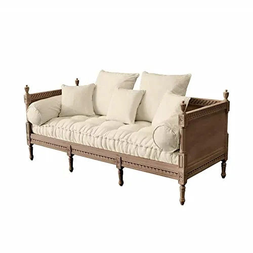 Loberon Sofa Douville, ornamentale Schnitzereien, Kissenbezüge wasch- & abnehmbar, schöne Abschlussknäufe, Couch, Sitzmöbel, Polyester, Leinen, Mangoholz, antikbraun/Creme