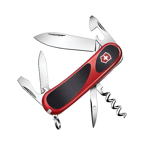 Victorinox Schweizer Taschenmesser, Evolution 10, Multitool, Swiss Army Knife mit 13 Funktionen, Klinge, Dosenöffner, Schraubendreher 3 mm, Rot/Schwarz