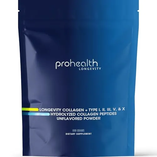 ProHealth Longevity Kollagenpeptide Pulver 690g | 20g Portion | Multi-Typ Hydrolysiertes Kollagen Pulver I, II, III, V & X | Grasgefüttert Rind & Marine | Unterstützt Haut, Haare, Nägel & Gelenke