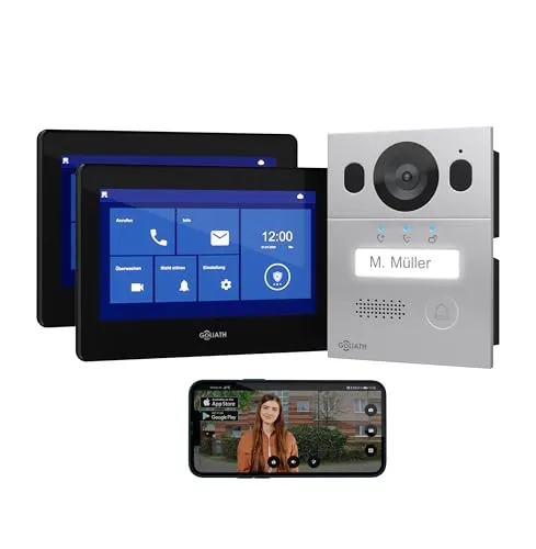 GOLIATH Basic Line Full HD Video Türsprechanlage Set - Komplett-Set für 1 Familienhaus mit 2x 7" Monitoren und 2 MP Full-HD Kamera für optimale Sicherheit und einfache Montage.