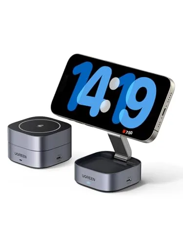 UGREEN MagFlow 2 in 1 iPhone Ladestation - Kabelloses Qi-Ladegerät für iPhone 12-16 und AirPods, mit 70° verstellbarem Winkel und klappbarem Design für maximale Flexibilität und Platzersparnis.