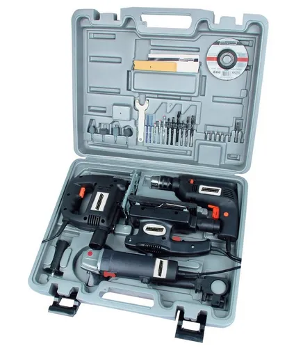 Brüder Mannesmann Werkzeugmaschinen-Set 4-teilig - Handwerkzeuge: 4 praktische Elektro-Werkzeuge im robusten Koffer, ideal für Bohr-, Säge- und Schleifarbeiten - sofort einsatzbereit!