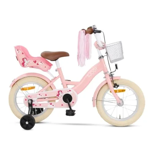 SJOEF Dolly Kinderfahrrad 14 Zoll - Rosa - Straßenfahrrad für Kinder ab 3 Jahren mit abnehmbaren Stützrädern, ideal für sicheres Radfahren lernen und anpassbare Höhe für lange Nutzungsdauer.