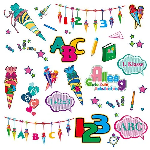 Oblique Unique® Kinder Sticker Set Schule für Schuleinführung Schulanfang Einschulung Aufkleber mit ABC Buchstaben Zahlen Zuckertüte Kindergeburtstag Party Spielen