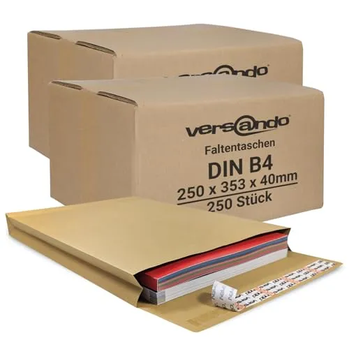 versando 500x B4 Faltentaschen 4cm Falte ohne Fenster (250x353x40 mm) Versandtaschen Bodenfalte haftklebend braun