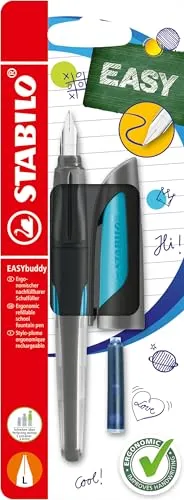 STABILO - Schulfüller mit Linkshänder-Feder L - EASYbuddy in schwarz/himmelblau - blau (löschbar) - inkl. Patrone - Blister
