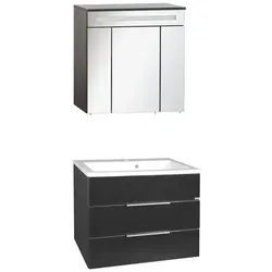 FACKELMANN Badmöbel-Set KARA 3-teilig, 80 cm - Elegantes Badmöbel-Set in Anthrazit mit hochwertigem Gussmarmor-Waschtisch und LED-Spiegelschrank. Ideal für stilvolle Badezimmer mit viel Stauraum und Soft-Close-System.