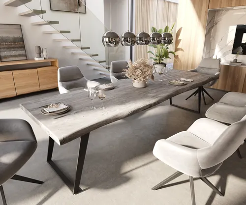 DELIFE Esstisch Edge 300x100 XL Akazie Platin Metall Schräg Live-Edge
