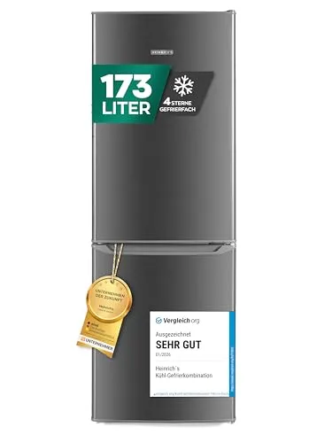 Heinrich´s Kühlgefrierkombination 173L - Kühlschränke mit 173L Gesamtvolumen, energieeffizient mit nur 124 kWh/Jahr und leiser Betrieb bei 40dB. Ideal für Lebensmittel, Gemüse & Getränke, inklusive 4-Sterne Gefrierfach.