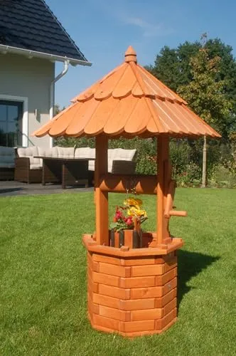 Deko-Shop-Hannusch Zierbrunnen, Holzbrunnen, Gartenbrunnen Höhe 1,20 m - Handgefertigter Holzbrunnen mit 8-eckiger Grundform, ideal für Gartenteiche und zur Schaffung einer entspannenden Atmosphäre.