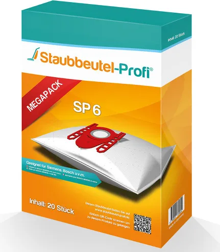 Staubsaugerbeutel SP6 kompatibel für Staubsauger Siemens VBBS10Z5V0 VBBS607V00 Bosch VBBS07Q8V0 Bosch VBBS625V00 Sie. VBBS616V00 Swirl S67 (20 Beutel)