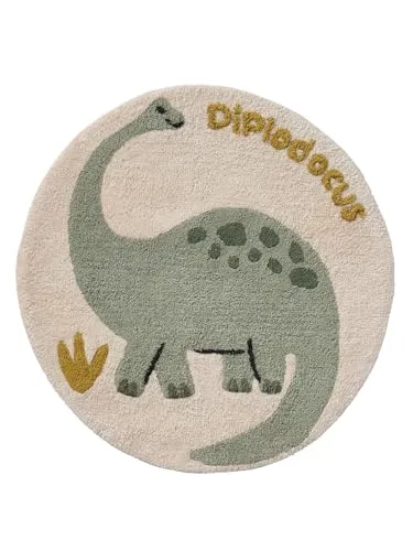vertbaudet Runder Kinderzimmer Teppich MINISAURUS - Flauschiger Kinderteppich MINISAURUS mit süßem Dino-Motiv, ideal für die Spielecke. Rutschhemmende Unterseite sorgt für Sicherheit. Durchmesser 75 cm, aus 84 % Baumwolle und 15 % Viskose.