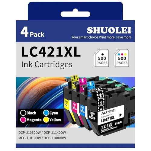 SHUOLEI LC421XL Druckerpatronen Kompatibel mit Brother LC-421XL LC-421 Patronen Multipack Hohe Kapazität, für DCP-J1050DW DCP-J1140DW MFC-J1010DW DCP-J1800DW(4 Pack, Schwarz/Cyan/Magenta/Gelb)
