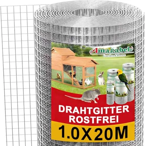 Amagabeli Hasengitter 1,0m x 20m - Verzinkter Maschendraht - Verzinktes Drahtgitter mit 12,7 mm Maschenweite, ideal für Zäune und Rankgitter. Wetterfest und langlebig, perfekt zum Schutz von Beeten und Kleintieren. Flexibel zuschneidbar für verschiedene Anwendungen.