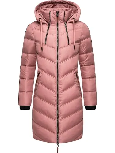 MARIKOO Damen Wintermantel Armasa Dark Rose Gr. M - Modisch gesteppter Wintermantel mit verstellbarer Kapuze und warmem Teddyfellfutter. Ideal für kalte Tage, bietet er eine taillierte Passform und seitliche Reißverschlüsse für mehr Bewegungsfreiheit.