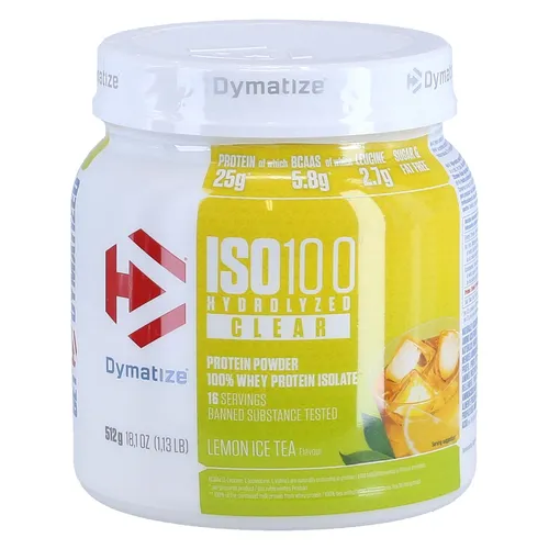 Dymatize ISO 100 Hydrolized Clear Whey Protein Pulver Lemon Ice Tea 512g - Hochwertiges Molkenproteinisolat mit 25 g Protein pro Portion. Ideal für Fitness-Enthusiasten, zucker- und fettfrei, glutenfrei und für Vegetarier geeignet. Geprüfte Qualität für mehr Sicherheit.