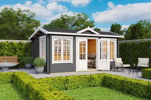 Gartenhaus Blockhaus Satteldach 44 mm Windsor 44 grau - Gartenhaus aus 44 mm Blockbohlen, abschließbar und mit isolierverglasten Fenstern. Ideal für Gartenliebhaber, die zusätzlichen Stauraum und eine stilvolle Gestaltung suchen.