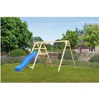 Karibu Doppelschaukel Felix mit Klettergerüst & Rutsche Blau - Rutschen & Schaukeln – TÜV Nord-GS-zertifizierte Doppelschaukel mit Klettergerüst und großer Rutsche für sicheren Spielspaß im Garten.