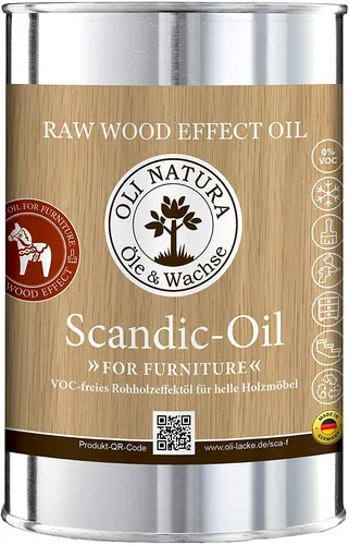 OLI-NATURA Scandic-Oil For Furniture - Rohholzeffektöl 1L - Lösungsmittelfreies Holzöl für Möbel, ideal für Eiche, Fichte, Kiefer und Tanne. Schützt und erhält die natürliche Optik des Holzes, atmungsaktiv und leicht zu überarbeiten.