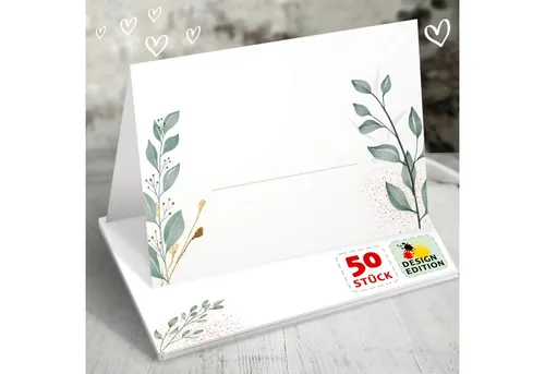 Funke & Brand Grußkarten 50x Tischkarten Hochzeit Floral Glitter, Namenskarten, Platzkarten