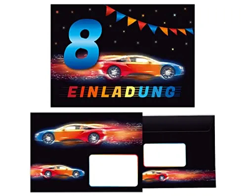 Einladungskarten incl. 12 Umschläge zum 8. Kindergeburtstag Einladung zum achten Geburtstag Jungen Rennauto Rennwagen 12
