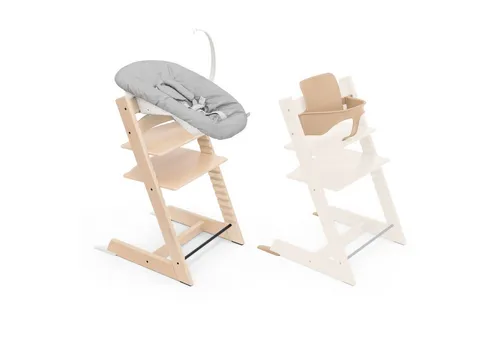 STOKKE® Tripp Trapp® Hochstuhl Buche natur inkl. Newborn SetTM Grey - Hochstuhl für Kinder ab 6 Monaten, mit verstellbaren Sitzflächen für optimale Sitzhaltung. Robuste Buche, geeignet bis 136 kg, bringt dein Kind an den Familientisch. Inklusive Newborn Set für die Nutzung ab Geburt.
