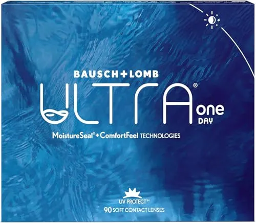Bausch + Lomb ULTRA ONE DAY, Premium Tageslinsen, 90 Stück - Sphärische Kontaktlinsen mit Advanced Moisture Seal-Technologie für 16 Stunden Tragekomfort, hohe Sauerstoffdurchlässigkeit und zuverlässigen UV-Schutz - ideal für den ganzen Tag.