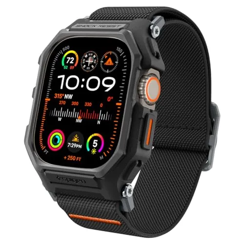 Spigen Lite Fit Pro - Matte Black für Apple Watch Ultra 2/1 49mm - Smartwatch Zubehör mit einem leichten Unibody-Design aus TPU und Polyester für optimalen Tragekomfort. Robust und stilvoll mit subtilen orangefarbenen Akzenten.