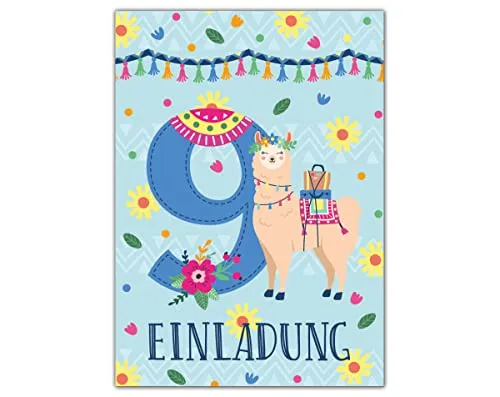 Junapack 12 Einladungskarten zum 9. Kindergeburtstag Einladung zum neunten Geburtstag Mädchen Lama