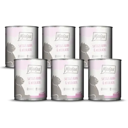 MjAMjAM Premium Nassfutter für Katzen - Huhn & Wildlachs, 6x800g - MjAMjAM: Getreidefreies Nassfutter mit hohem Fleischanteil, ideal für eine artgerechte Ernährung. Regional und unter strenger Qualitätskontrolle hergestellt, bestens geeignet für das Wohl Ihrer Katze.