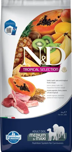 FARMINA ND Dog Tropical Selection Med Maxi Lamm, 10 kg - Hundefutter mit hochwertigem Lamm für große Rassen, reich an Nährstoffen und ideal für eine ausgewogene Ernährung.