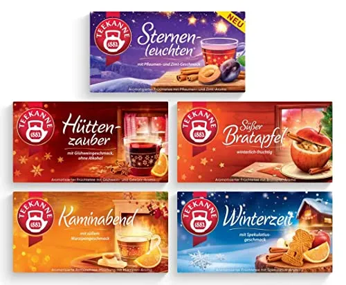 Teekanne Wintertee 5er Pack, Sternenleuchten, Hüttenzauber, Süßer Bratapfel, Kaminabend und Winterzeit, je 20 Teebeutel (240 g)