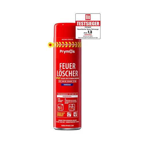 Prymos Feuerlöscher-Spray Fahrzeuge 5A/21B, Neutral, 600 ml - Feuerlöscher für Fahrzeuge, einfach in der Handhabung und ideal für den Notfall. Kompakt und platzsparend, perfekt für Autos und Wohnmobile.