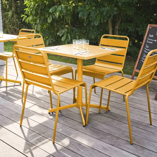 Set aus Gartentisch mit Tischplatte von 70 cm und 4 Metallstühlen GELB - Oviala Palavas
