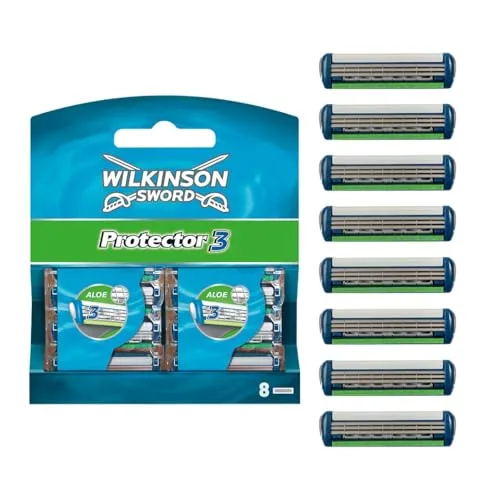 Wilkinson Protector 3 Klingen 8 Stück - Ersatzklingen für Herrenrasierer, sanfte Rasur dank Diamant-Beschichtung und Aloe Vera-Gleitstreifen für ein angenehmes Hautgefühl.