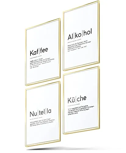 BLCKART Definition Küchen Bilder Poster Set Stilvolle Wandbilder mit Definitionen Esszimmer Wanddeko (Kaffee Küche Alkohol & Nutella, A4 (ohne Rahmen))
