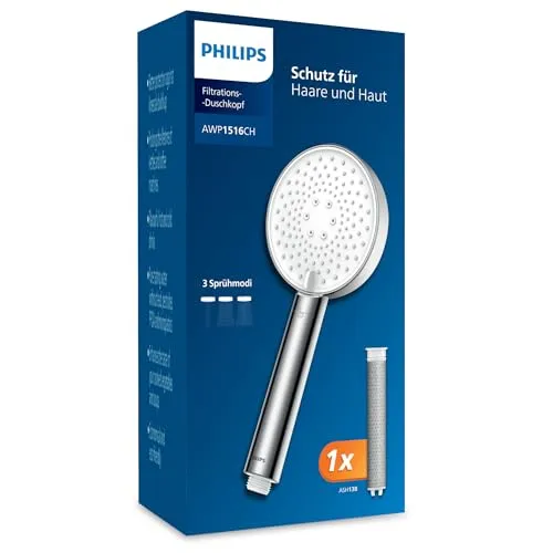 Philips Duschkopf mit Filter - Dusch-Armaturen mit effektiver Chlorentfernung, 3 Sprühmodi und druckverstärkendem Design für gesunde Haut und Haare.
