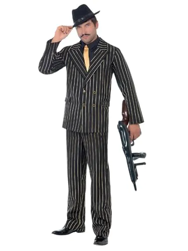Smiffys Gold Pinstripe Gangster Kostüm für Herren - Stylisches Gangster Kostüm für Karneval und Halloween, bestehend aus Jackett, Hose, Mock Hemd und Krawatte. Ideal für Themenpartys, bequem und leicht anzuziehen dank elastischem Bund. Perfekt für einen überzeugenden Auftritt!
