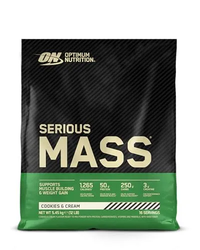 Optimum Nutrition Serious Mass - Hochkalorisches Proteinpulver für effektiven Masseaufbau - Molkenproteine mit über 1250 Kalorien und 50 g Protein pro Portion für maximales Muskelwachstum, angereichert mit Kreatin und 25 Vitaminen, ideal für Sportler.