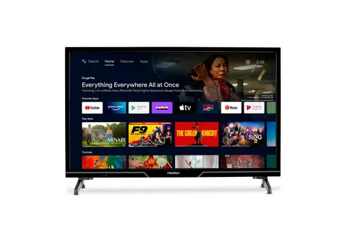 MEDION 24 Zoll HD Fernseher mit Android TV - Smart TV mit HDR und Triple Tuner für Kabel, Satellit und DVB-T2 HD – erleben Sie beste Bildqualität und vielfältige Streaming-Möglichkeiten mit Netflix und Prime Video.