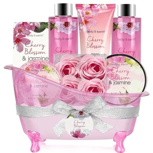 BODY & EARTH Geschenke für Frauen 8 tlg, Kirschblüten und Jasmin Duft, Schaumbad, Duschgel, Badesalz, Bodylotion, SPA Geburtstagsgeschenk für Frauen, Geschenke für Mama, Freundin, Muttertag