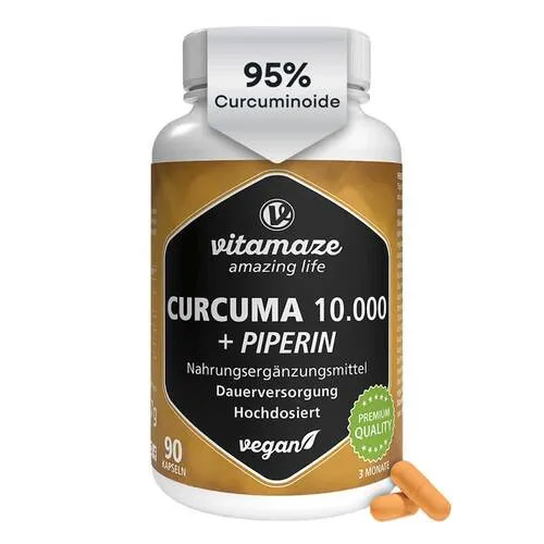 Curcuma 10.000 + Piperin Hochdosierte Kapseln Vegan - Arzneimittel mit hochkonzentriertem 50:1 Kurkuma-Extrakt und Piperin für optimale Bioverfügbarkeit – unterstützt Ihre Gesundheit und Fitness auf natürliche Weise.