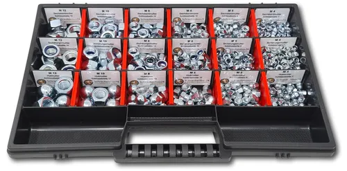 Muttern Sortiment M4-M5-M6-M8-M10-M12 554 tlg. Schraubenbox - Sonstige Elektroinstallationsartikel – Robuste, stapelbare Sortimentsbox mit 554 verschiedenen Muttern für Profis, ideal für den täglichen Einsatz und optimalen Transport.