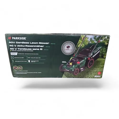 Parkside® 40 V Akku-Rasenmäher PRMA 40-Li B3 - Sichelmäher mit innovativem Brushless-Motor für bis zu 30 % längere Laufzeit, zwei wählbare Mäharten und zentrale 7-Stufen-Schnitthöheneinstellung – ideal für effizientes Mähen.