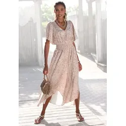 Maxikleid LASCANA, Damen, Gr. 46, N-Gr, beige (sand, beige bedruckt), Satin, Obermaterial: 100% Polyester, bedruckt, animal-print, modisch, figurumspielend knöchellang, tiefer V-Ausschnitt, Kurzarm Fledermausärmel, Kleider, mit Animalprint, luftiges Sommerkleid mit Schlitzen, Topseller