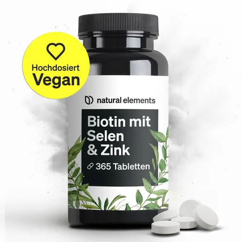 Biotin Zink Selen Komplex hochdosiert 365 Tabletten vegan - NATURAL ELEMENTS - Vitamine & Mineralien, unterstützt Haut, Haare und Nägel mit einer hochdosierten veganen Formel für optimale Gesundheit.