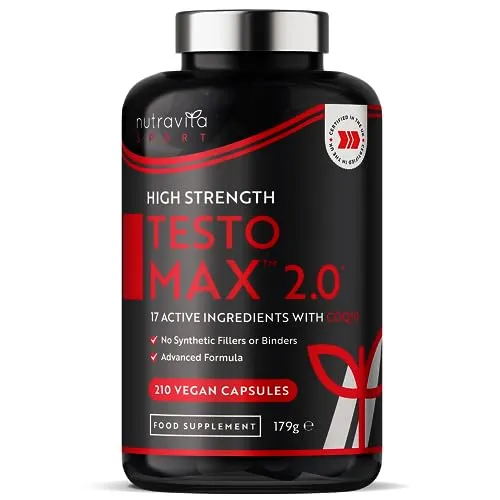 TESTOMAX™ 2.0 für Männer - 210 vegane Kapseln - Pflanzliches Ergänzungsmittel Maca mit 17 aktiven Inhaltsstoffen, inklusive Ashwagandha KSM 66® und CoQ10, unterstützt deine Vitalität und Leistungsfähigkeit.