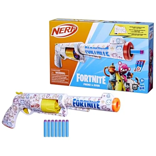 Hasbro Nerf Fortnite Frenz 4 Ever Blaster - Outdoor-Spielzeug mit Bonuscode für Fortnite-Individualisierung, rotierende Trommel für 6 Darts und inklusive 6 Nerf Elite Darts für actionreiche Kämpfe!